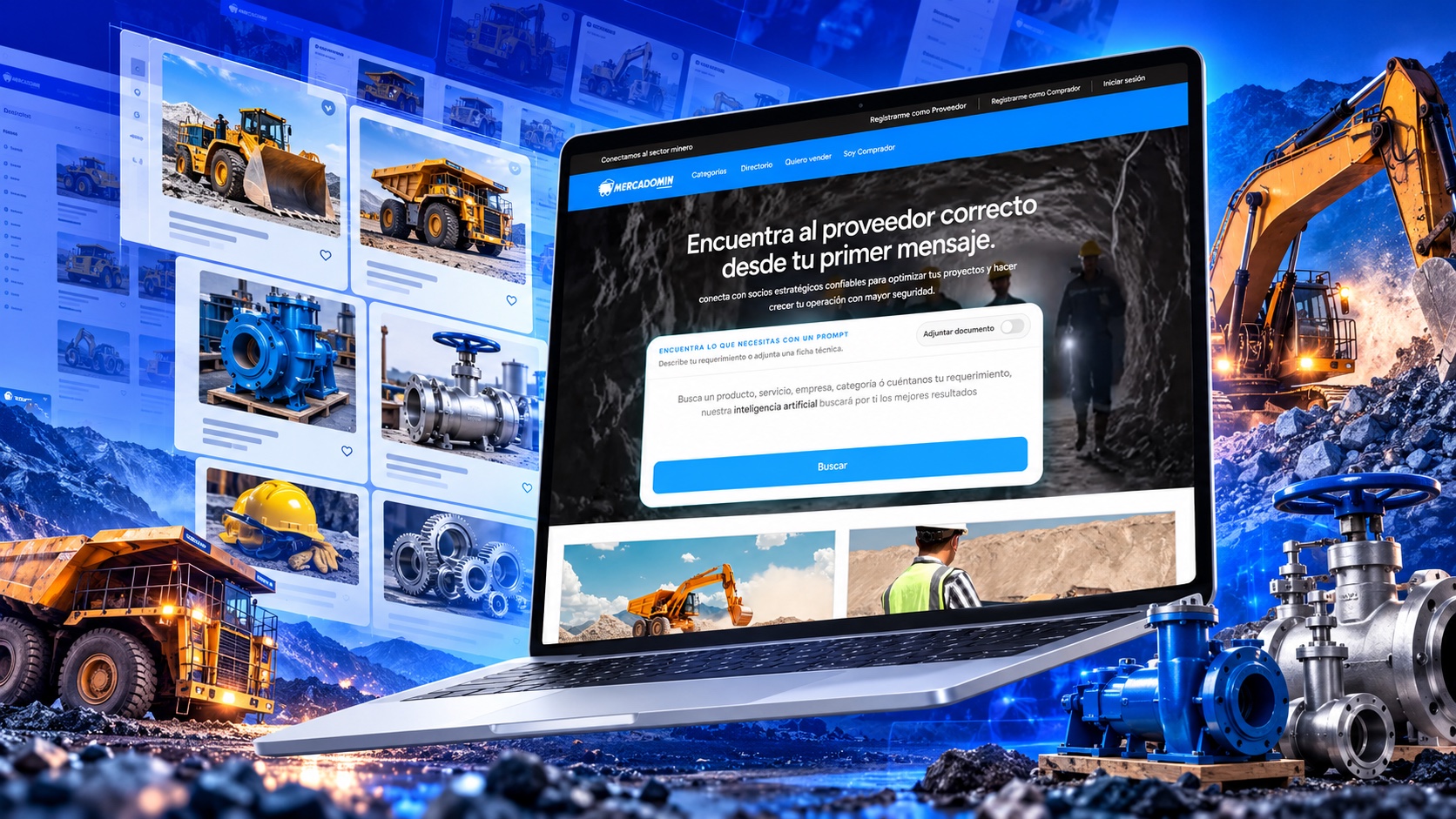 Portal MercadoMin en una laptop, con productos y maquinaria para el sector minero